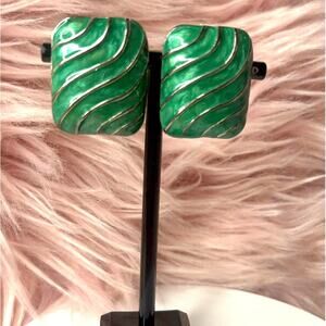 Vintage KOKO Green Enamel Square Clip-On Earrings, Statement Fashion Jewelry